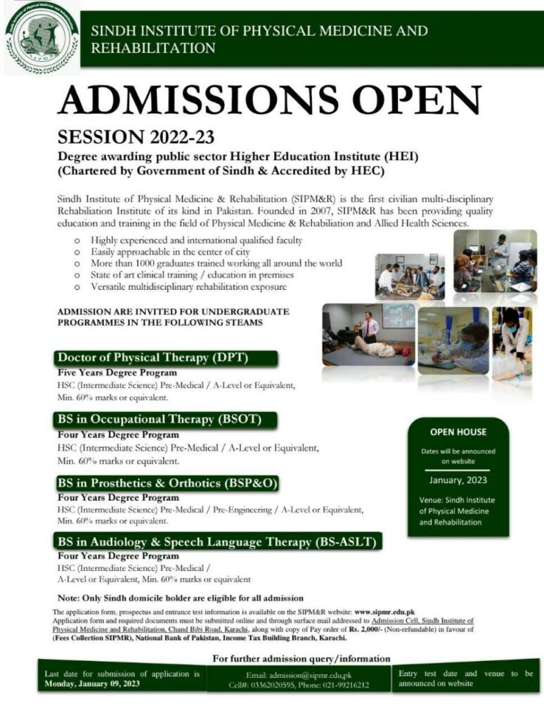 BS OP Admissions announced at Sindh Institute of Rehabilitation Sciences